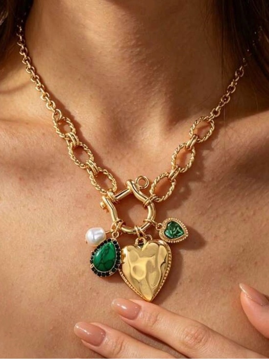 Jewelry - Western Horseshoe Necklace Gold Heart Charm Necklace with Green Gem Accents